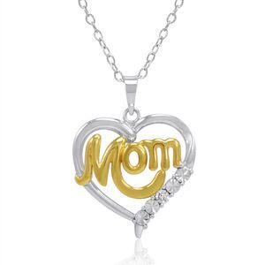 Two Tone Sterling Silver Mom in Diamond Heart Pendant